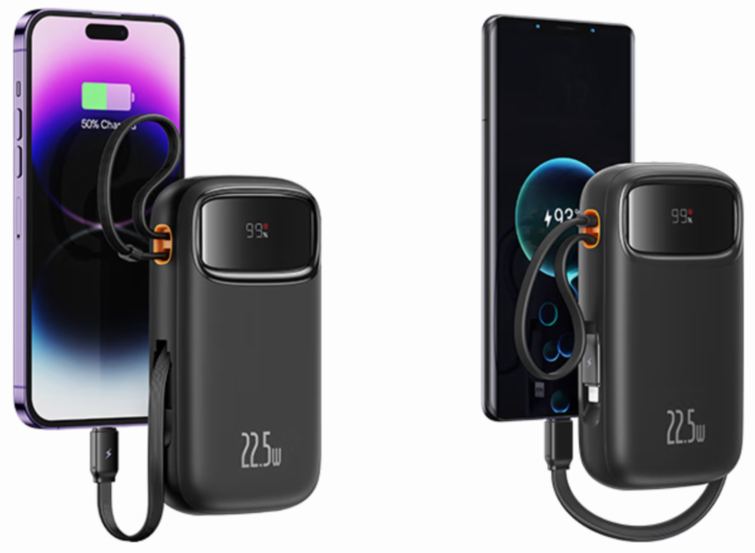پاوربانک بیسوس QPow2 20000mAh 22.5W با کابل داخلی Lightning متصل به گوشی آیفون و کابل داخلی USB-C متصل به گوشی اندروید